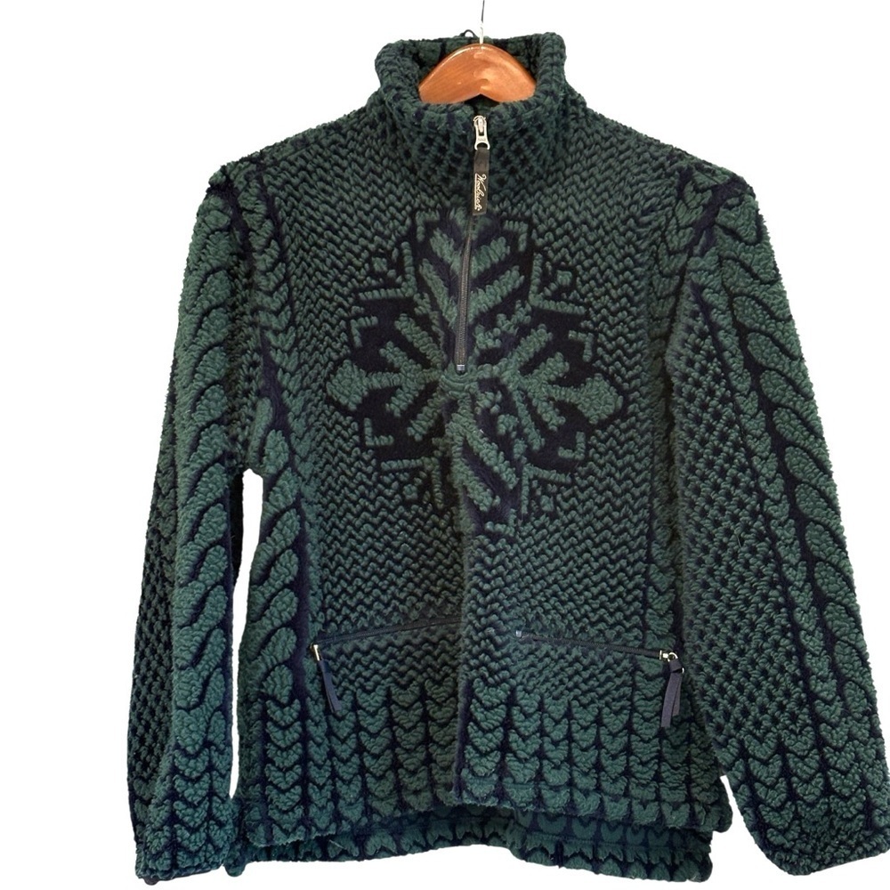 Woolrich Womens Sherpa Fleece Sweater Cable Knit Cozy Green Black Size Small
